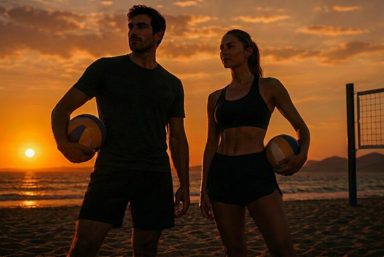 A male and a female beach volleyball player standing side by side at sunset, each holding a beach volleyball, both looking off into the distance