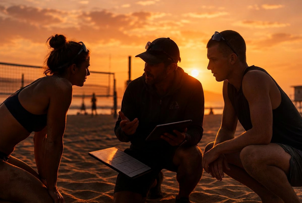A beach volleyball coach and two players crouched in a huddle on the sand at sunset